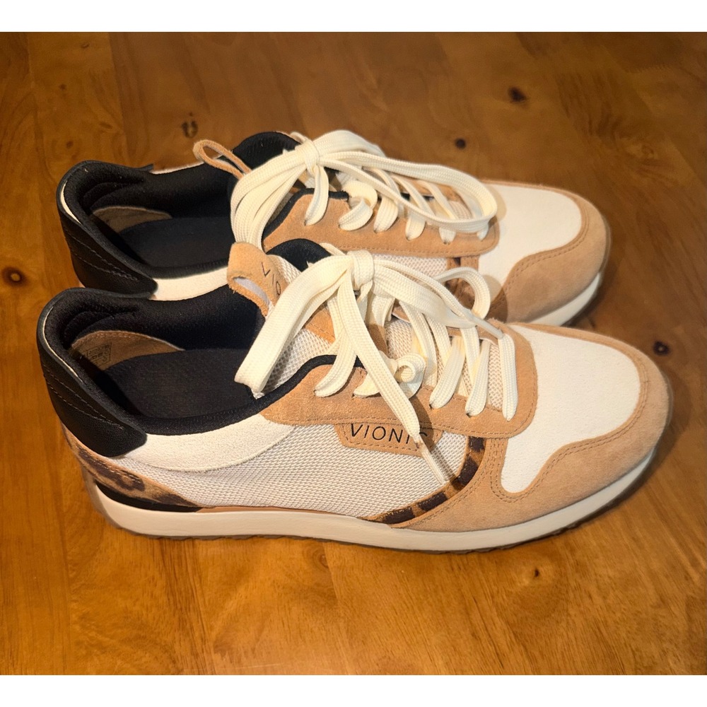 Vionic Womens Tan‎ Cream Leopard Print Mesh Suede Lace Up Sneakers Shoes